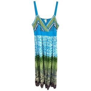 Forbidden Medium‎ Maxi Dress Blue Green Tiered Beaded Fairy Festival Hippie 251
